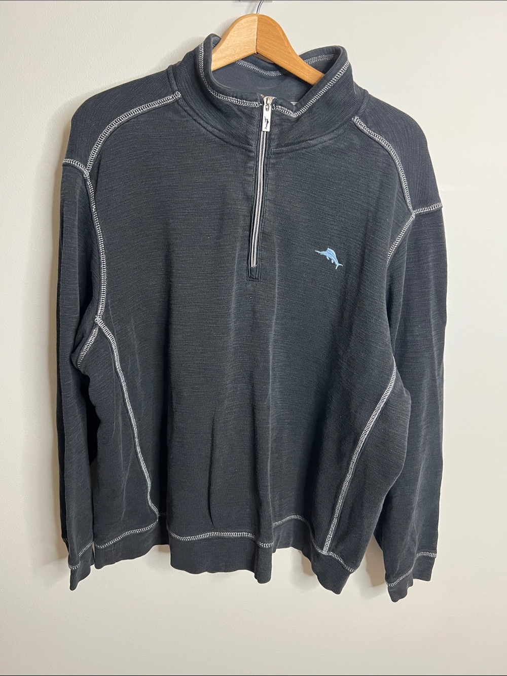 Tommy Bahama Black Quarter-Zip Pullover with Light Blue Logo, Men’s Size XXL